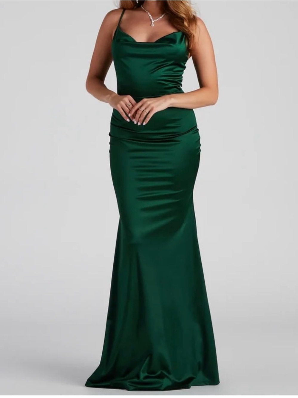 Hunter Green Satin Cowl Neck Evening Gown